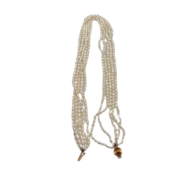 VINTAGE 5 STRAND RICE FRESHWATER PEARL 18" NECKLACE WITH 14k BALL CLASP CLOSURE - Picture 6 of 12